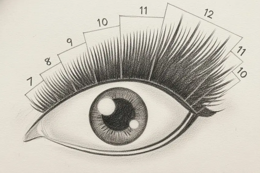 Fox lash mapping infographic showing gradual length increase from inner corner to outer third