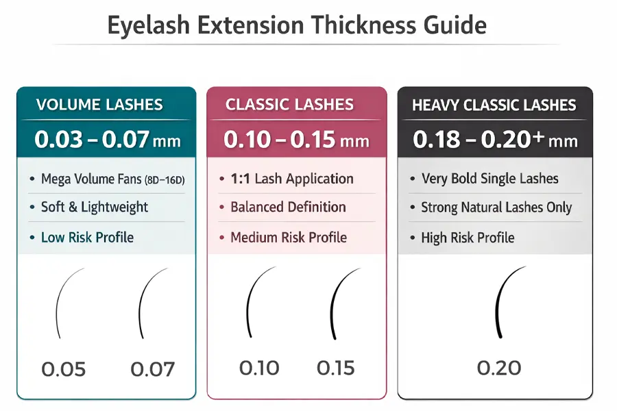 Eyelash thickness comparison chart - Volume lashes , classic lashes, heavy classic lashes