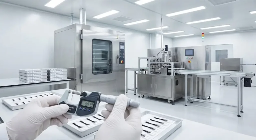 Factory-quality-control scene for eyelash extensions showing measurement and process control