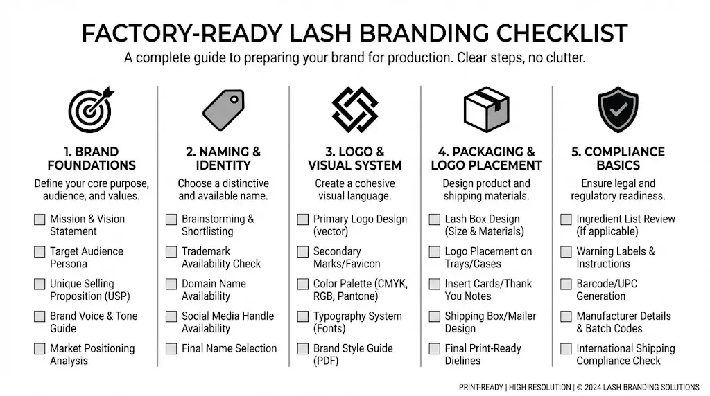 Factory-ready branding checklist for lash startups (5 sections)