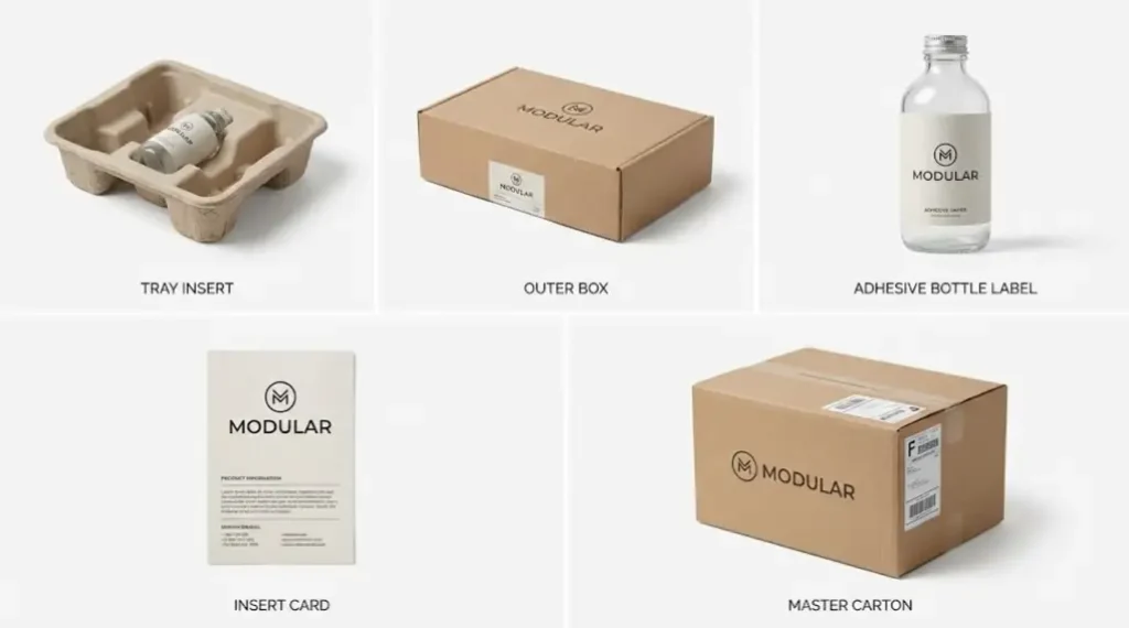 Labeled montage of lash packaging touchpoints for logo placement