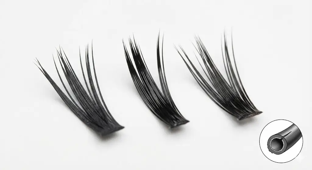 Macro comparison of PBT lash fiber surface finishes affecting matte vs gloss