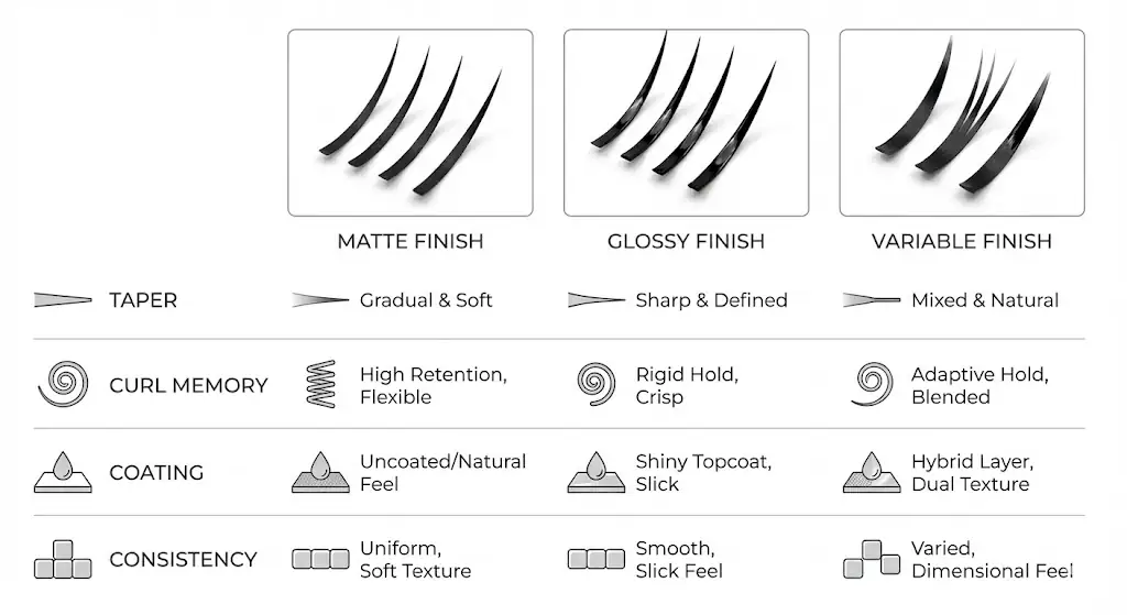 Side-by-side visual comparison of faux mink vs silk vs synthetic lash characteristics