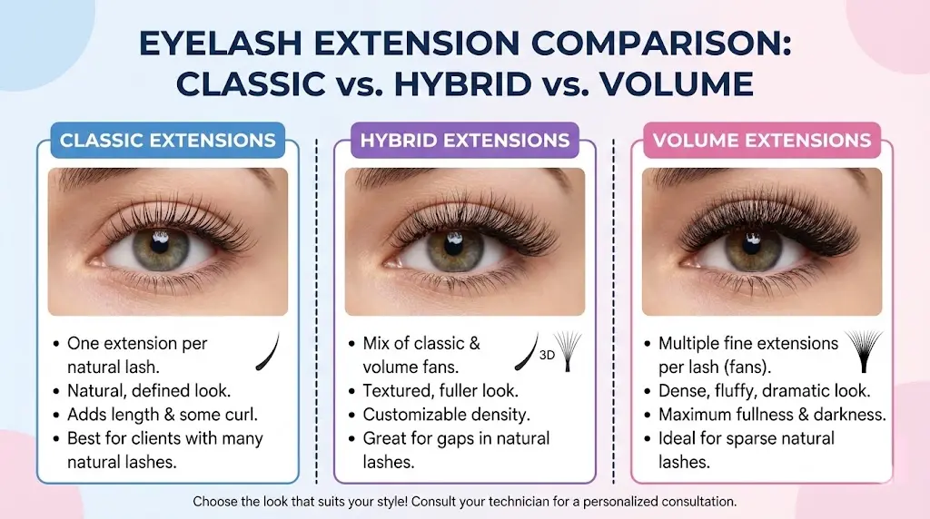 a comparison chart image for : eyelash extensions classic vs hybrid vs volume