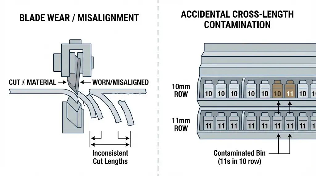 Diagram showing cutting blade wear and adjacent-length mixing causing random spikes