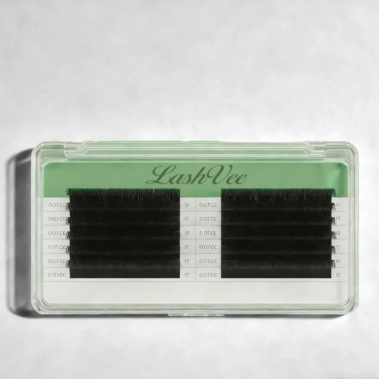 LashVee Easy Fan Cashmere Lashes tray with 0.07 thickness CC curl volume lash extensions, self-fanning eyelash extensions for professional lash artists