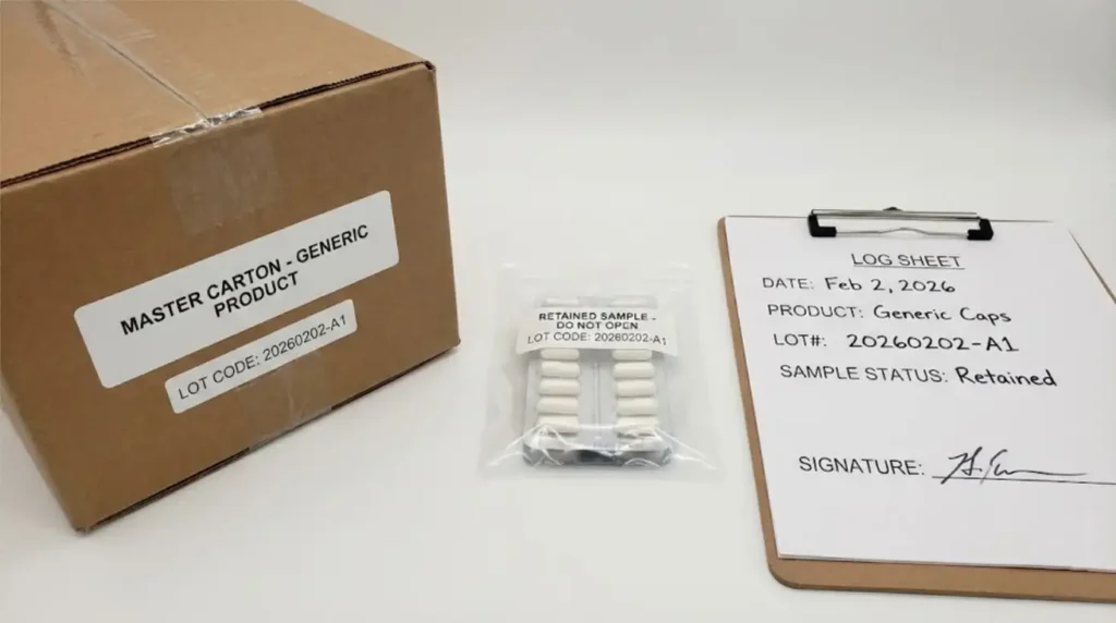 Lot-coded cartons with retained sample trays and a traceability log concept