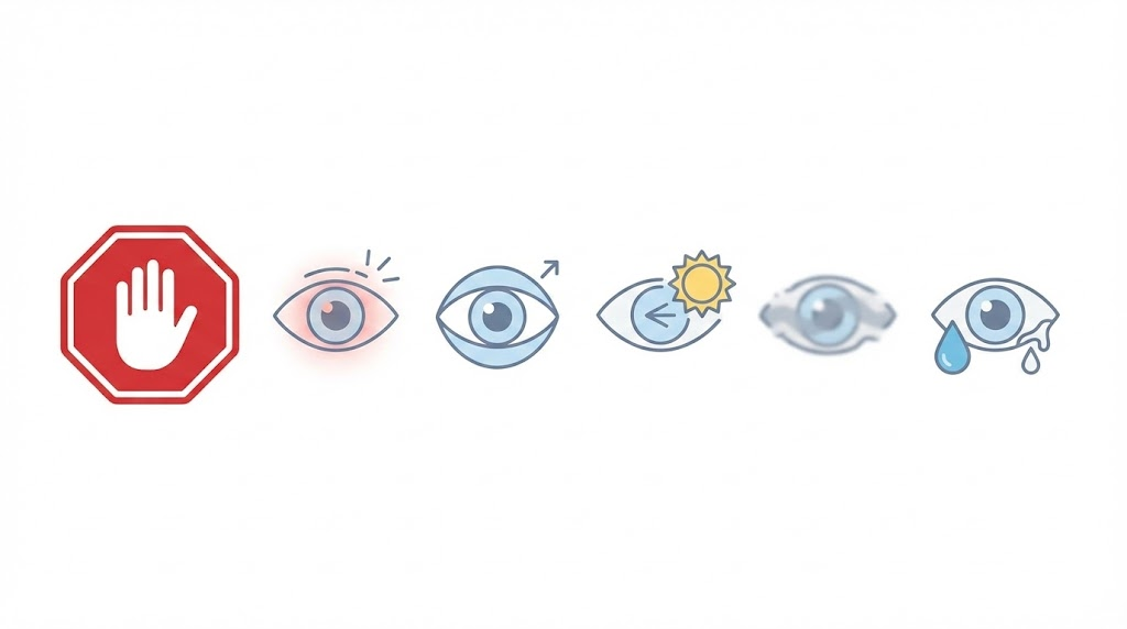 Aftercare stop rules icons for eye irritation warning signs