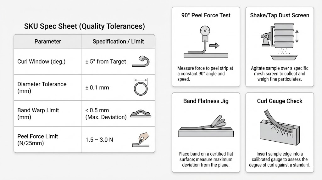 Spec sheet and test method cards for preventing shedding, bent bands, and curl drift