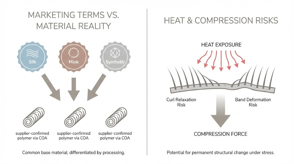 Diagram comparing marketing terms to fiber materials and showing heat and compression effects | File: lash-materials-reality-heat-compression-curl-drift