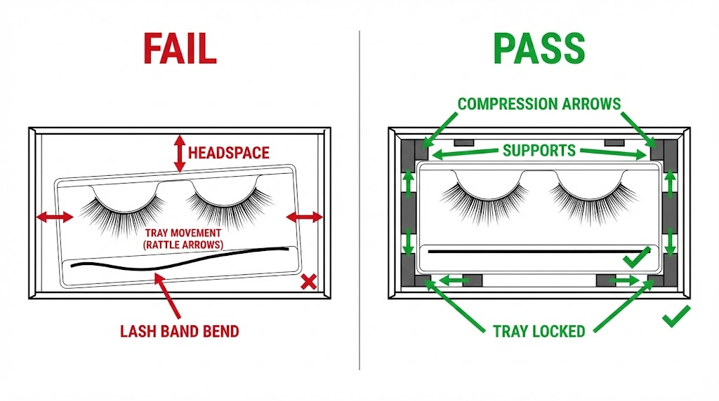 Diagram showing headspace rattle risk and correct compression path through tray edges