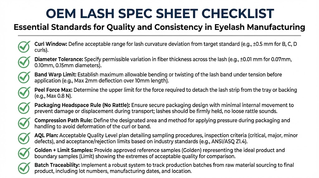 Checklist infographic of what to include in an OEM/private label lash spec sheet
