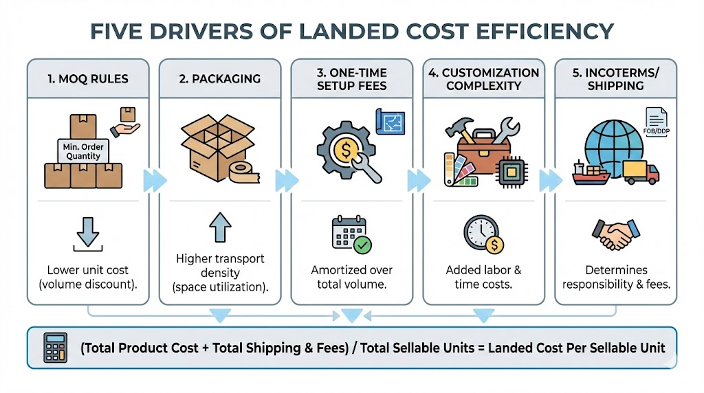 Summary infographic of the biggest factors that change landed cost for wholesale vs private label lashes