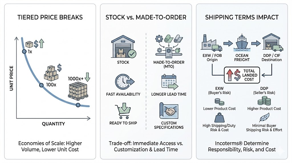 Diagram showing wholesale tier pricing breaks and the difference between stock and made-to-order