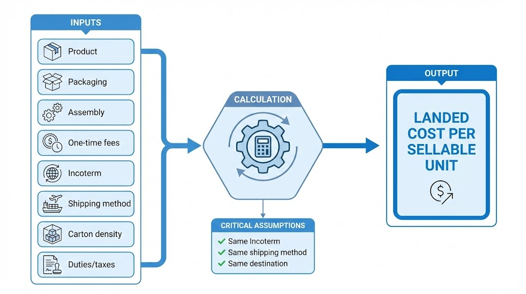 Flowchart showing how to normalize quotes into landed cost per sellable tray or pair