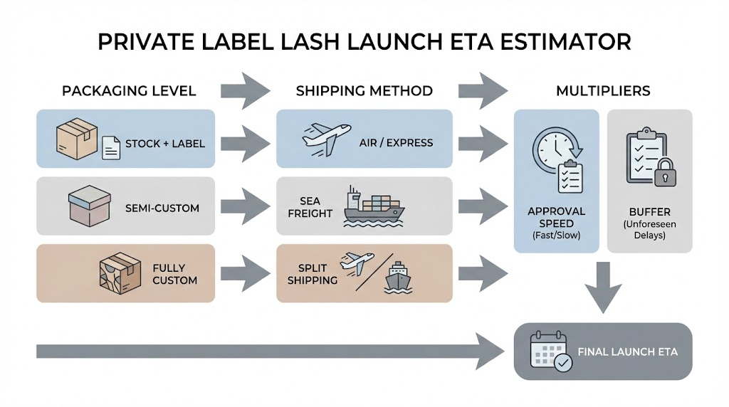 Private label lash launch ETA planner showing packaging level, shipping method, approvals, and buffer