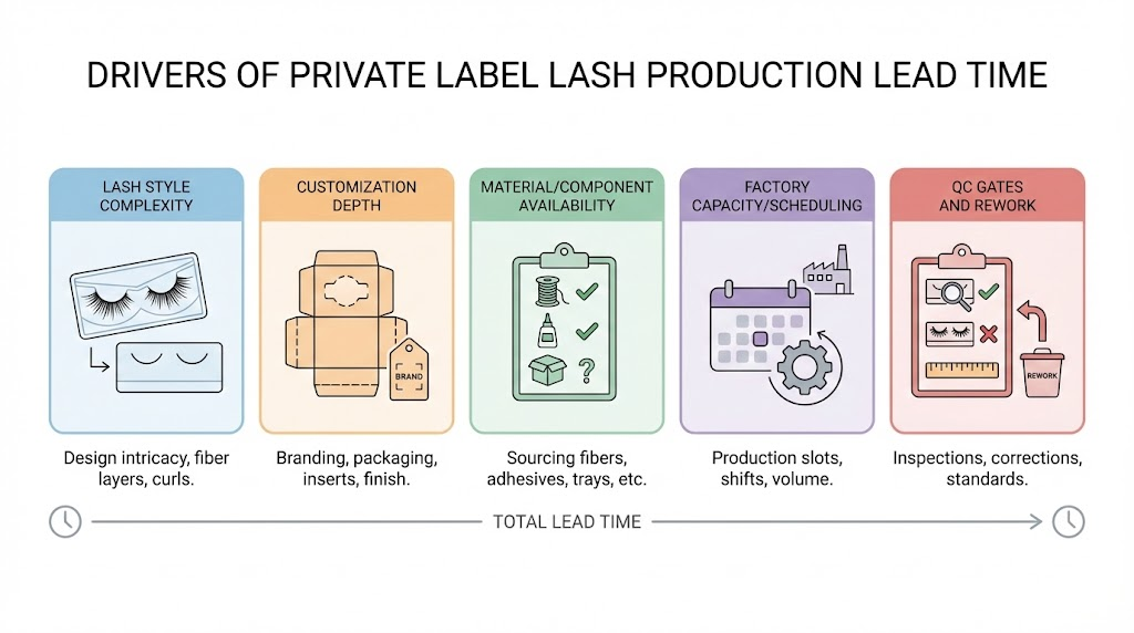 Visual summary of the five main drivers of private label lash production lead time