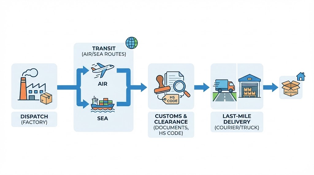 Shipping and customs delivery flow showing dispatch, transit, customs clearance, and last-mile delivery