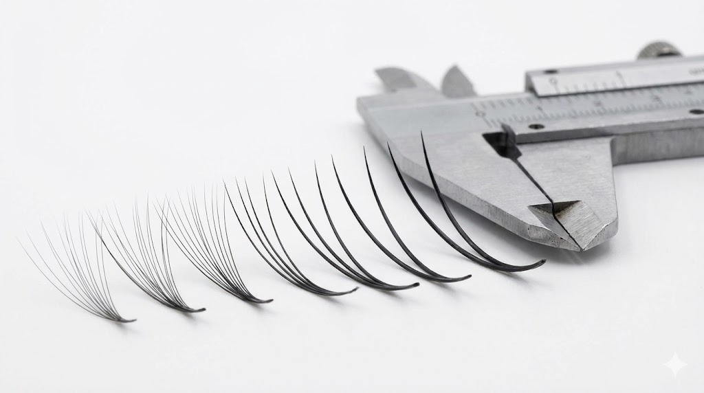 Visual comparison of lash fiber diameters from very fine to thick