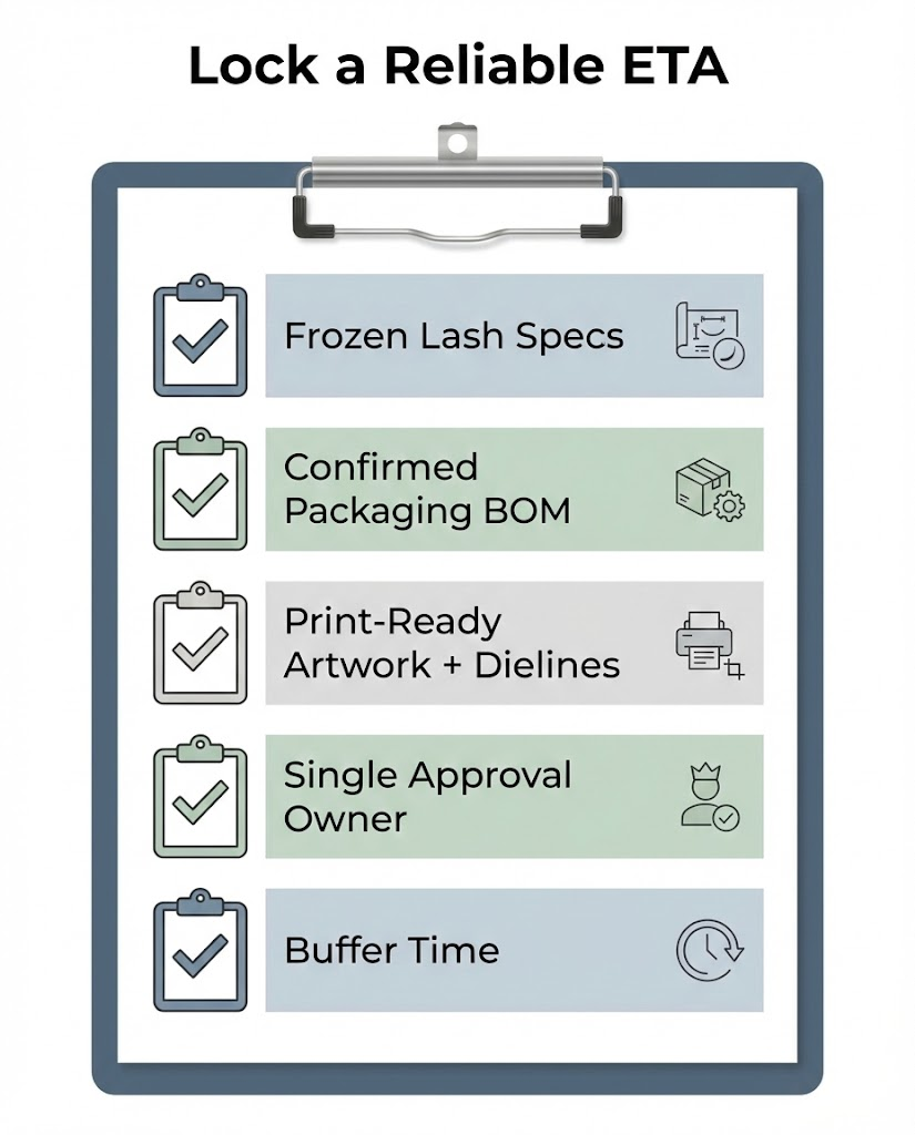 Checklist showing the five inputs needed to lock a reliable private label lash ETA