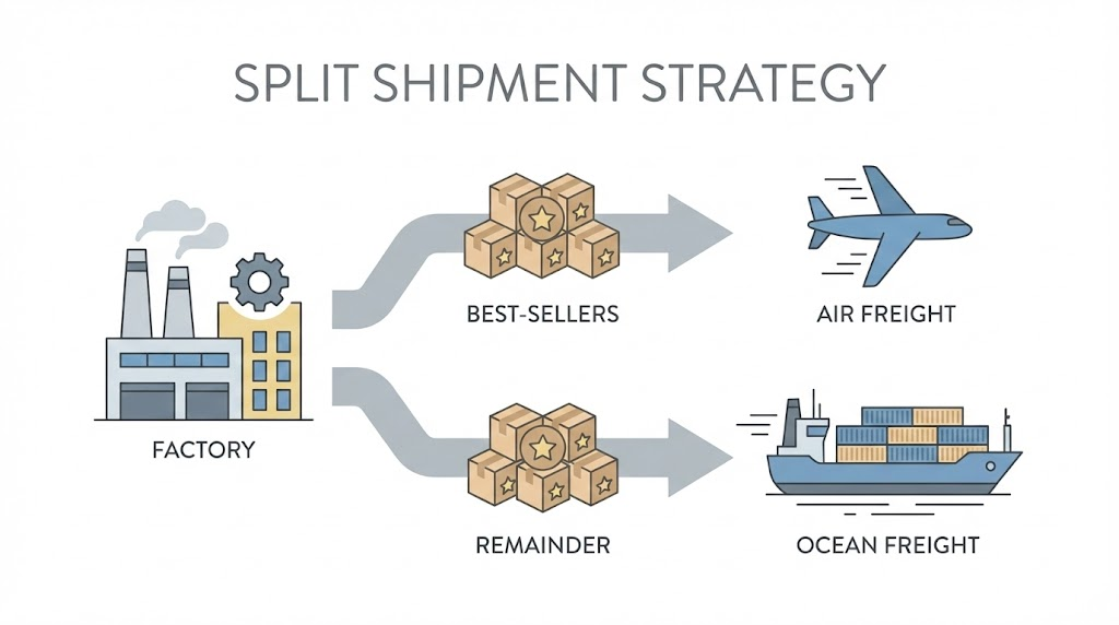Illustration of split shipment strategy with air shipping for best sellers and sea shipping for remaining stock