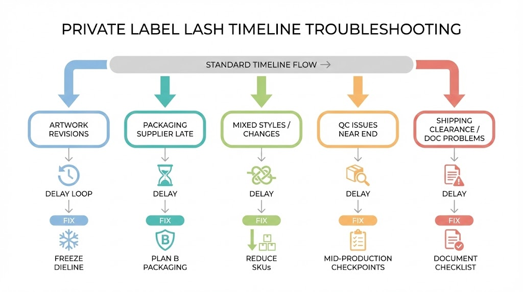 Flowchart showing common private label lash delay scenarios and fixes