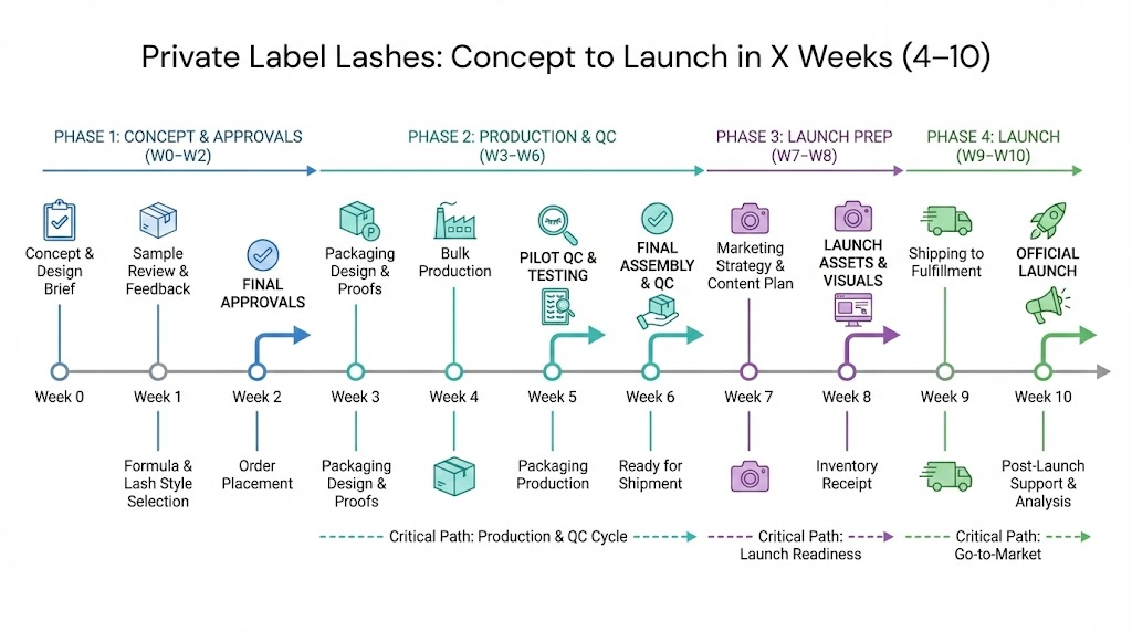 Private label lashes concept to launch timeline infographic 4 to 10 weeks