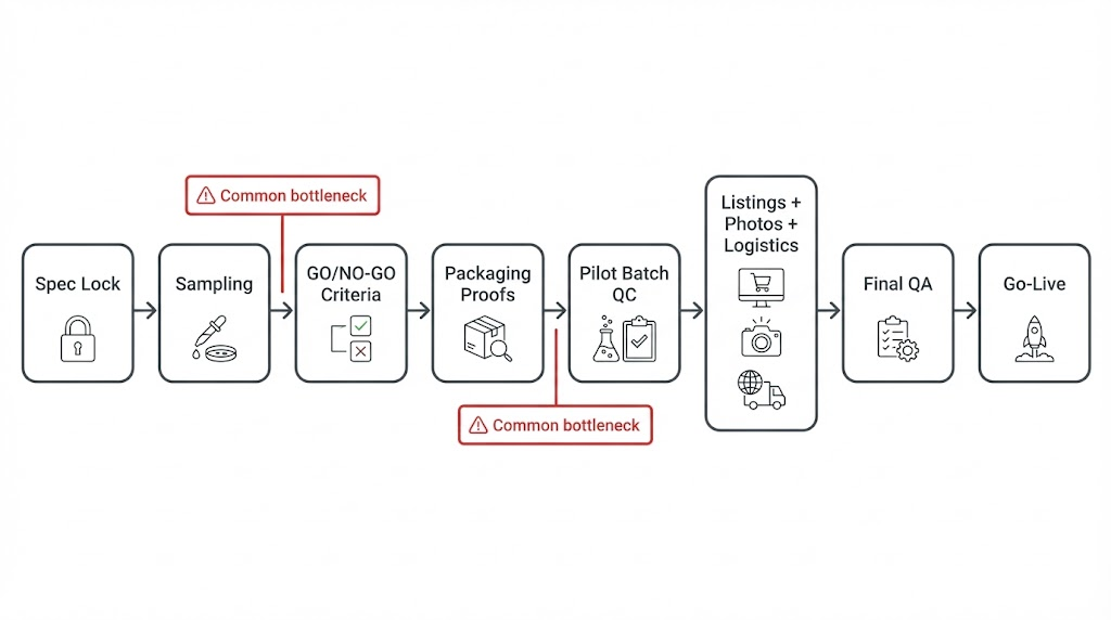 Flowchart showing critical path steps for private label lash launch timeline