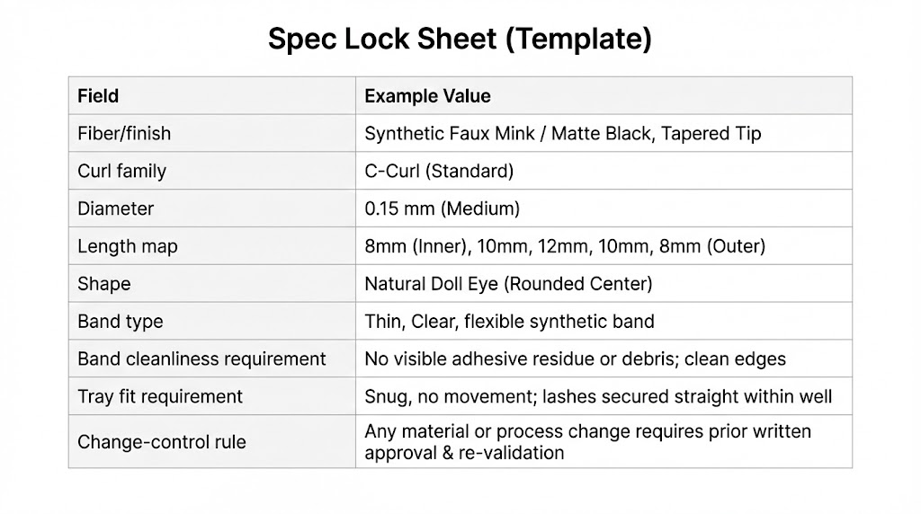 Spec lock sheet template for private label lashes including curl diameter length map band and finish