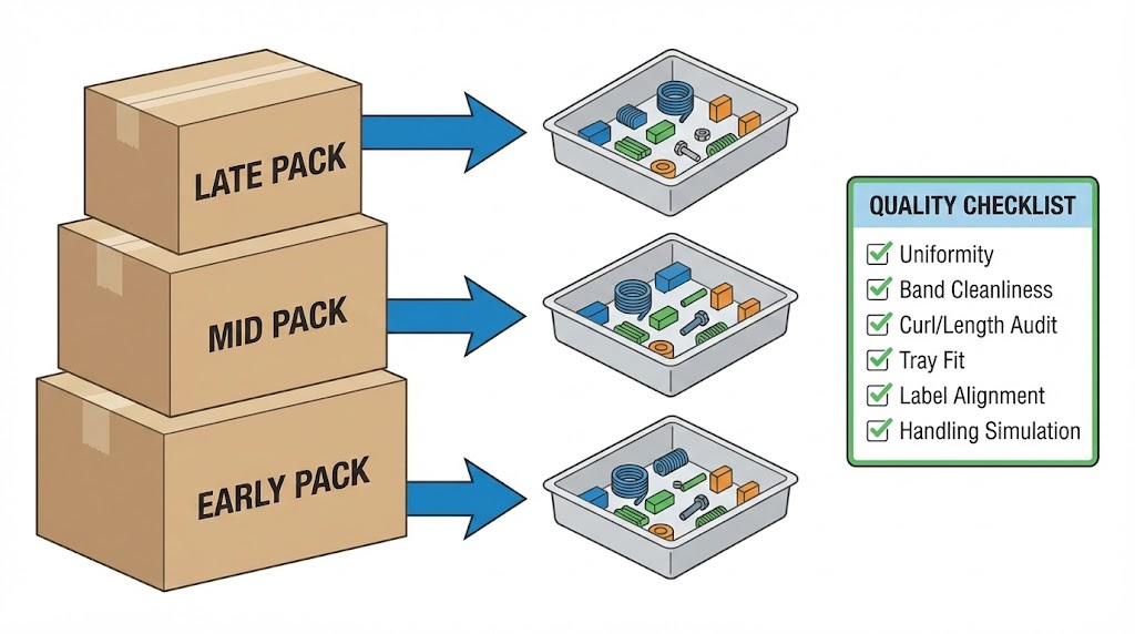 Pilot batch QC sampling diagram for private label lashes with random tray checks and defect checklist