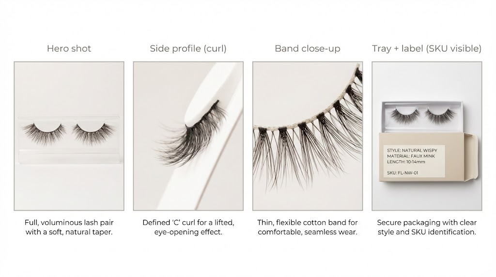 Product photography shot list for private label lashes hero side profile band close up tray label