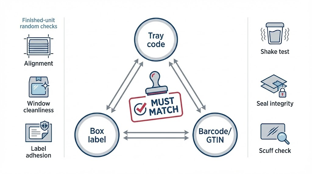 Pre-launch QA diagram showing SKU match verification and transit shake test for private label lash packaging