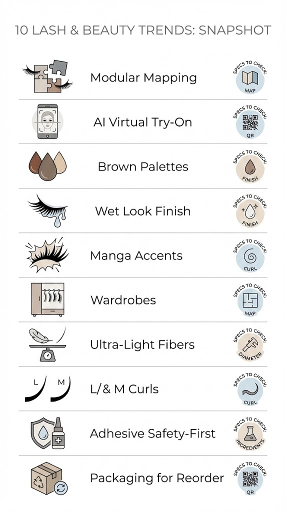 Infographic summarizing personalized eyelash trends with actions and specs to check