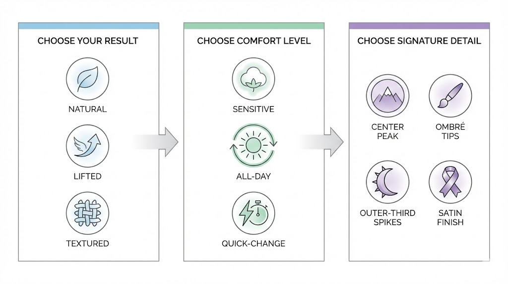 Flowchart for choosing a personalized lash formula by result, comfort, and signature detail