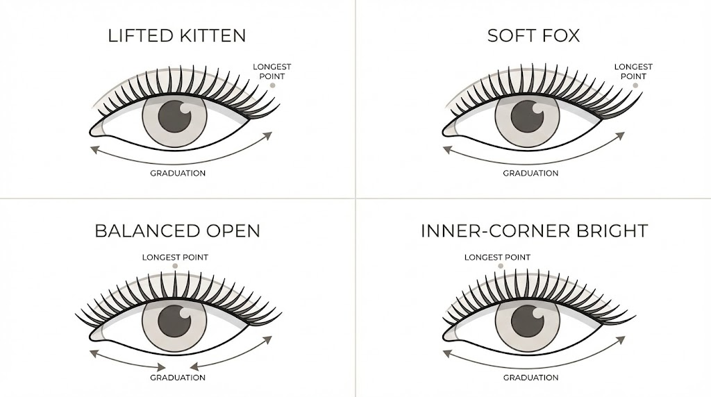 Comparison of modular lash mapping diagrams including lifted kitten, soft fox, balanced open, and inner-corner bright