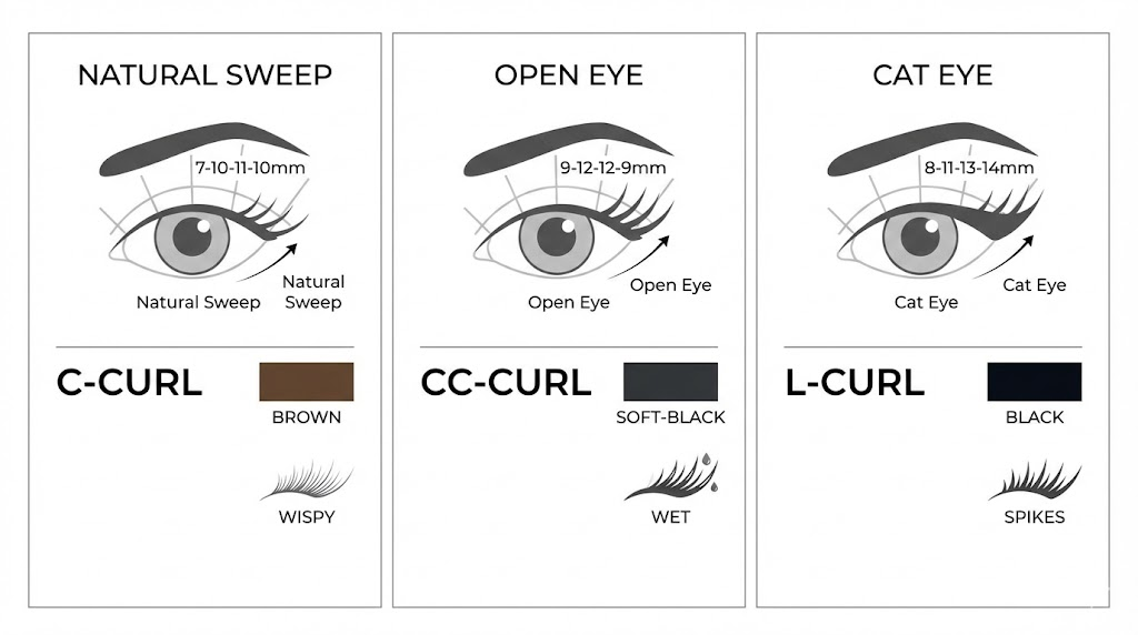 Three-panel visual showing personalized lash formulas for natural, lifted, and textured outcomes