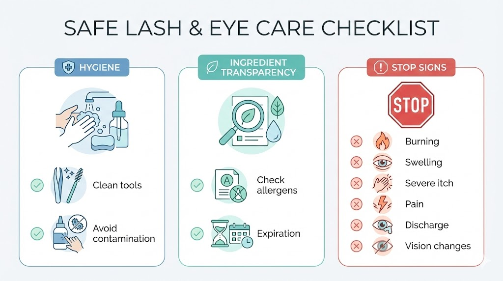 Safety checklist infographic for lash use showing hygiene steps, ingredient checks, and stop-use warning signs
