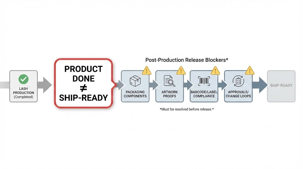 Timeline showing lash production finished while packaging, proofs, barcodes, and approvals delay shipment release