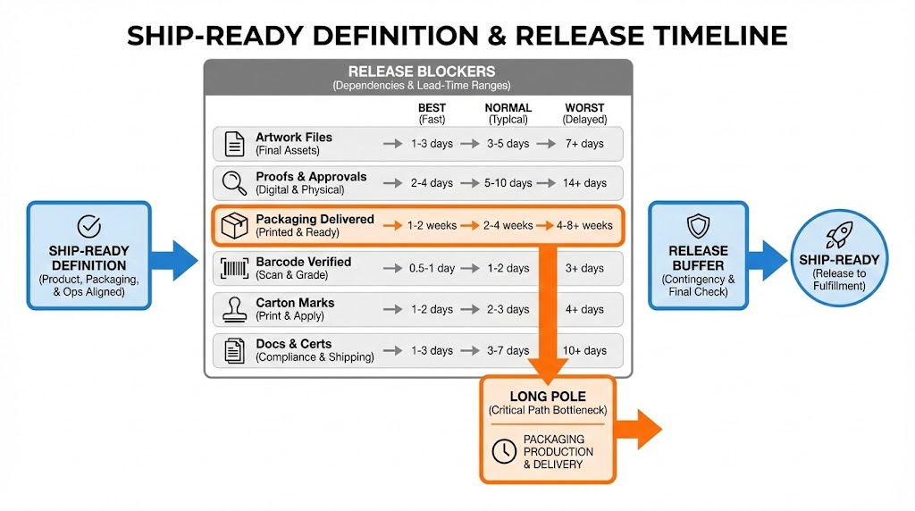 Flowchart of private label critical path with release blockers, lead time ranges, and long pole highlight