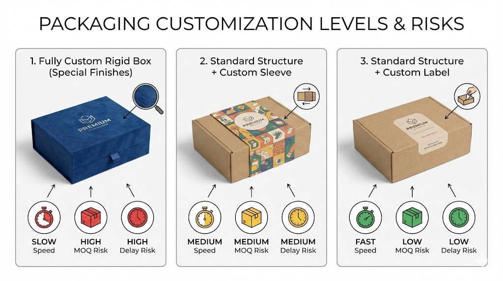 Side-by-side comparison of fully custom rigid packaging versus standard box with custom sleeve and label options