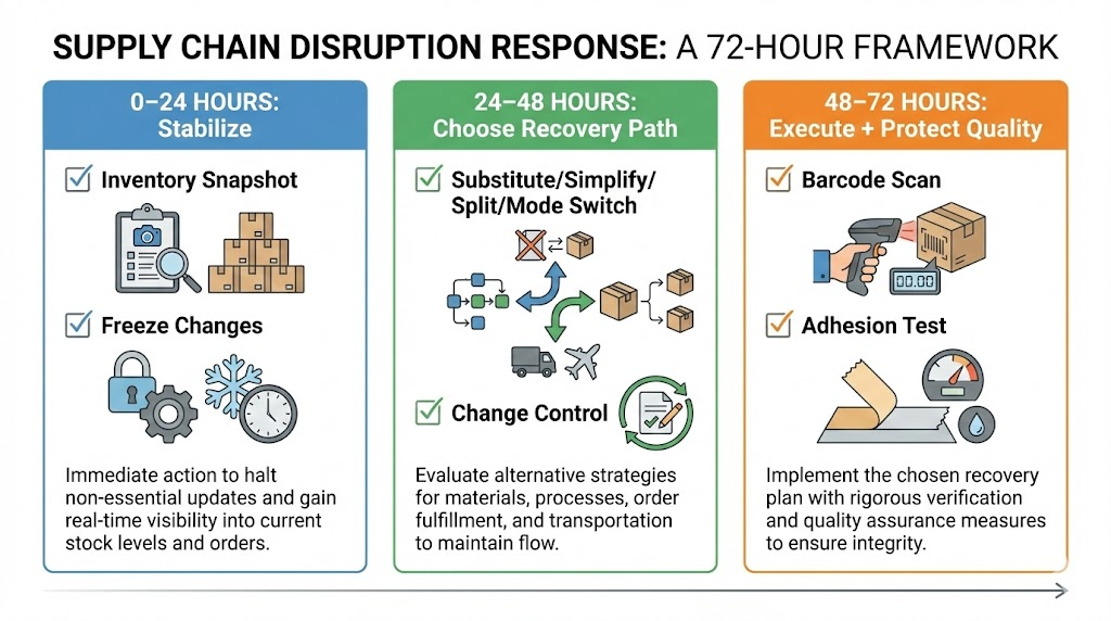 Three-step infographic showing 0–24 stabilize, 24–48 recovery path, 48–72 execute with QC checks
