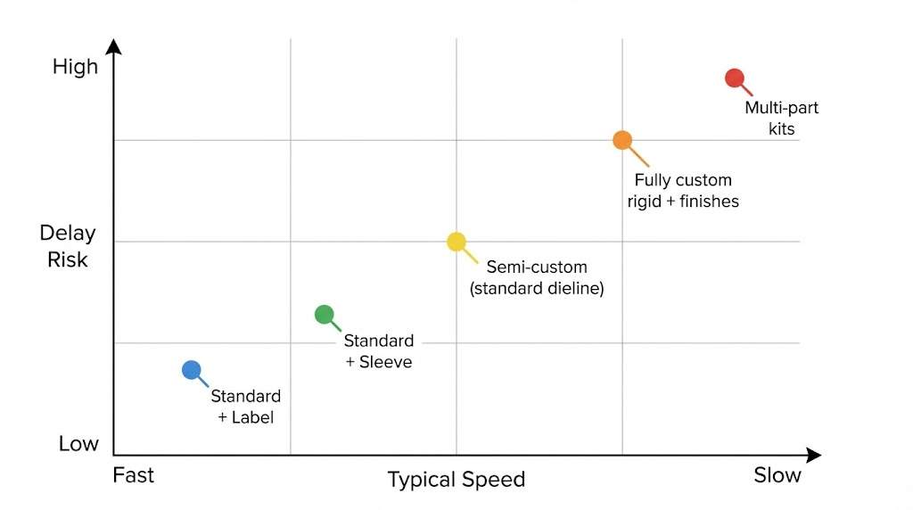 Matrix chart plotting packaging options by speed and delay risk for private label launches