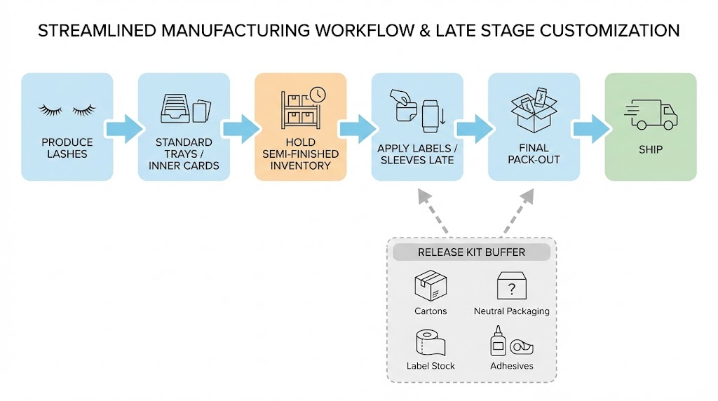Workflow diagram showing semi-finished inventory and late-stage labeling/sleeving before shipment