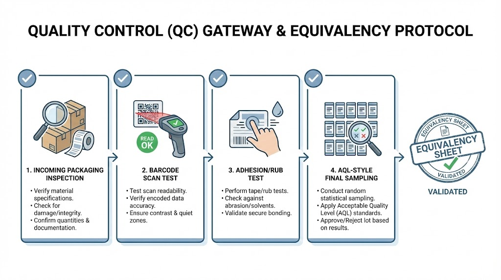 QC checklist icons for barcode verification, adhesion rub test, color/dimension tolerance, and AQL sampling