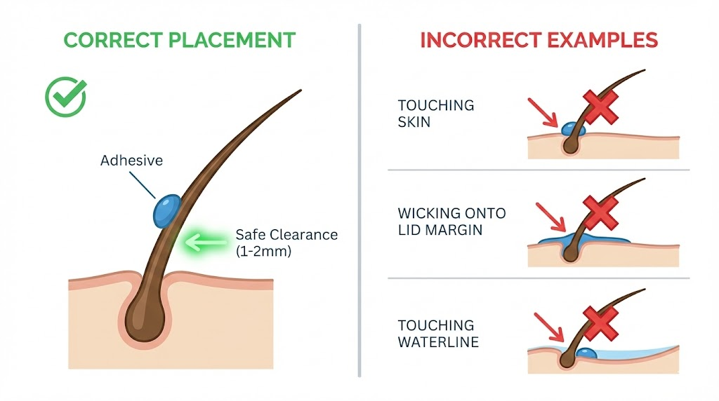 Side-by-side diagram of correct and incorrect lash adhesive placement