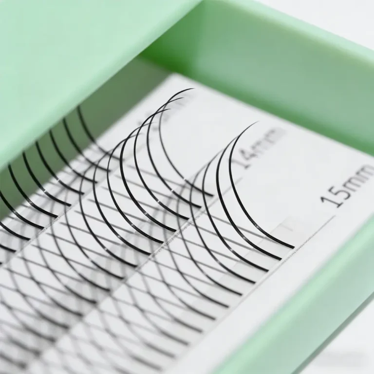 Close-up of 15mm wet look lash spikes in lash extension tray, individual long spike eyelash extensions for textured volume and wispy wet set styling