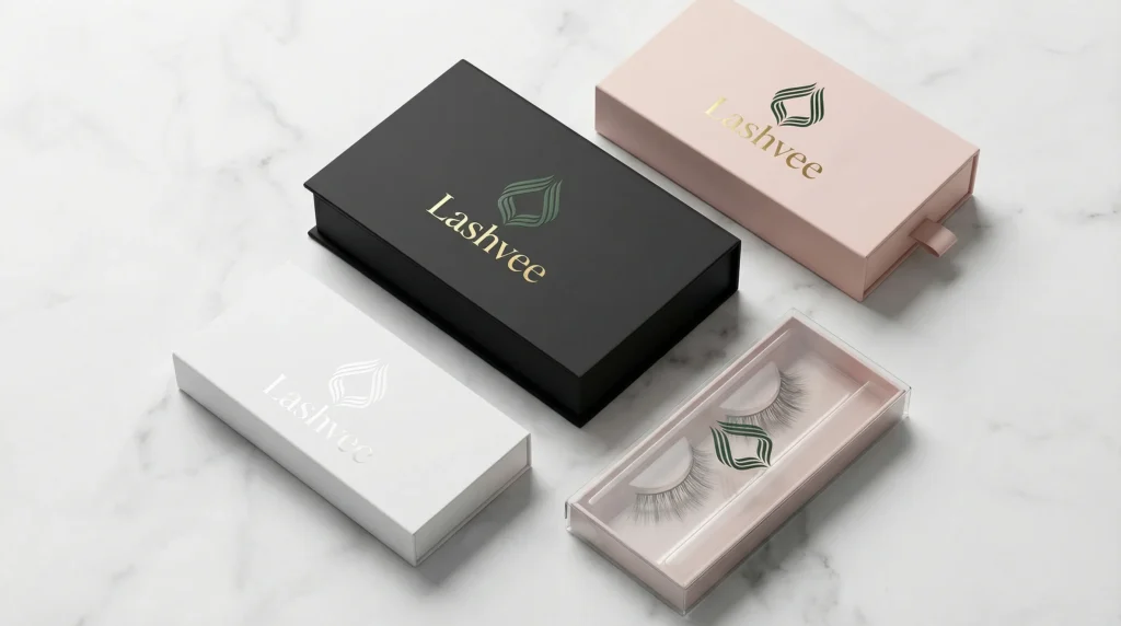 A collection of beautifully designed custom lash packaging boxes in various styles and colors, including black, pink, and white, arranged on a white marble surface.