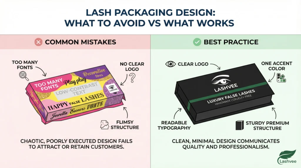 An infographic comparing common lash packaging design mistakes with best practices, showing a cluttered vs. a clean design.