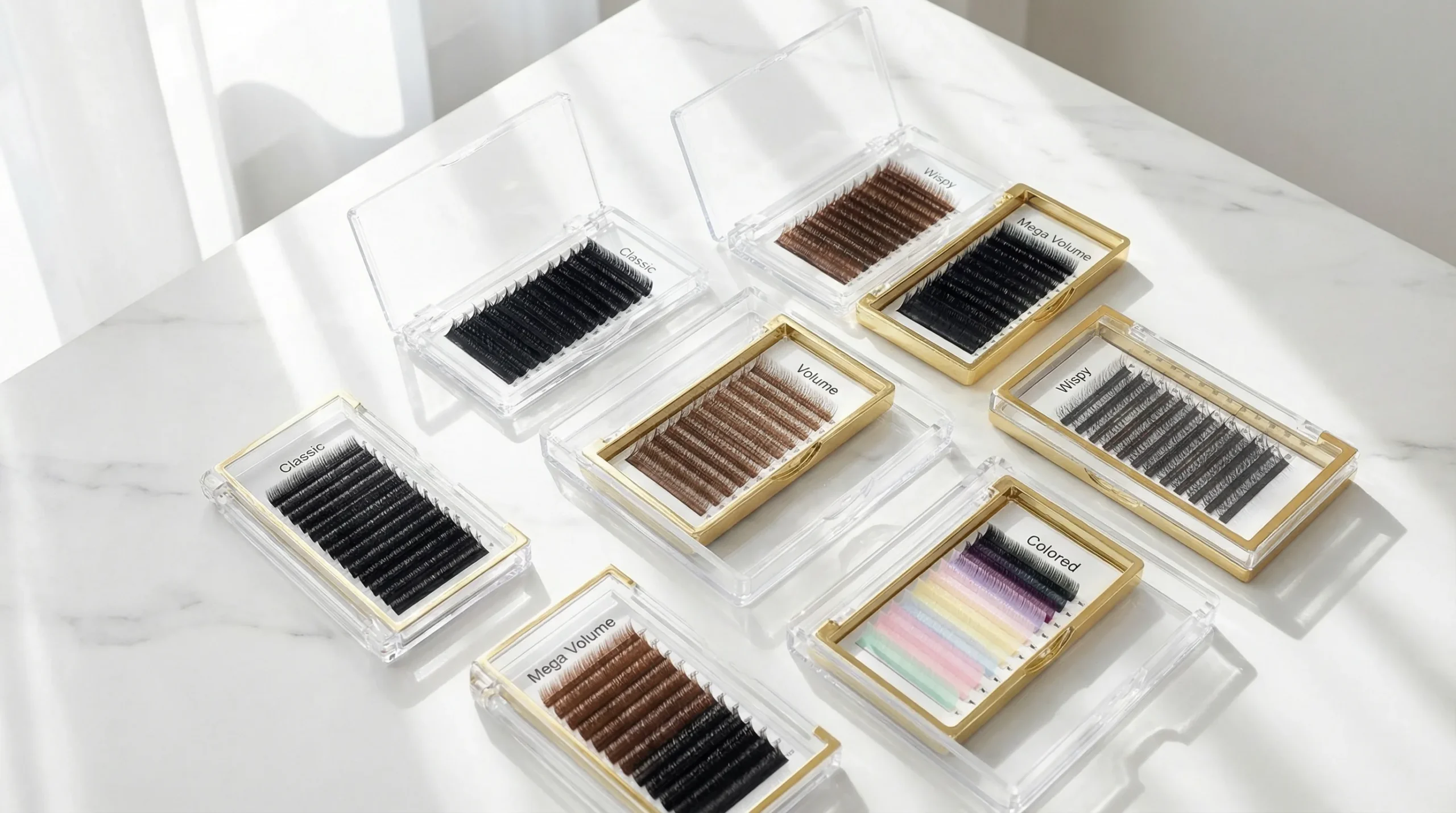 Print-ready lash packaging design deliverables — dieline template, 3D mockup render, and physical box sample