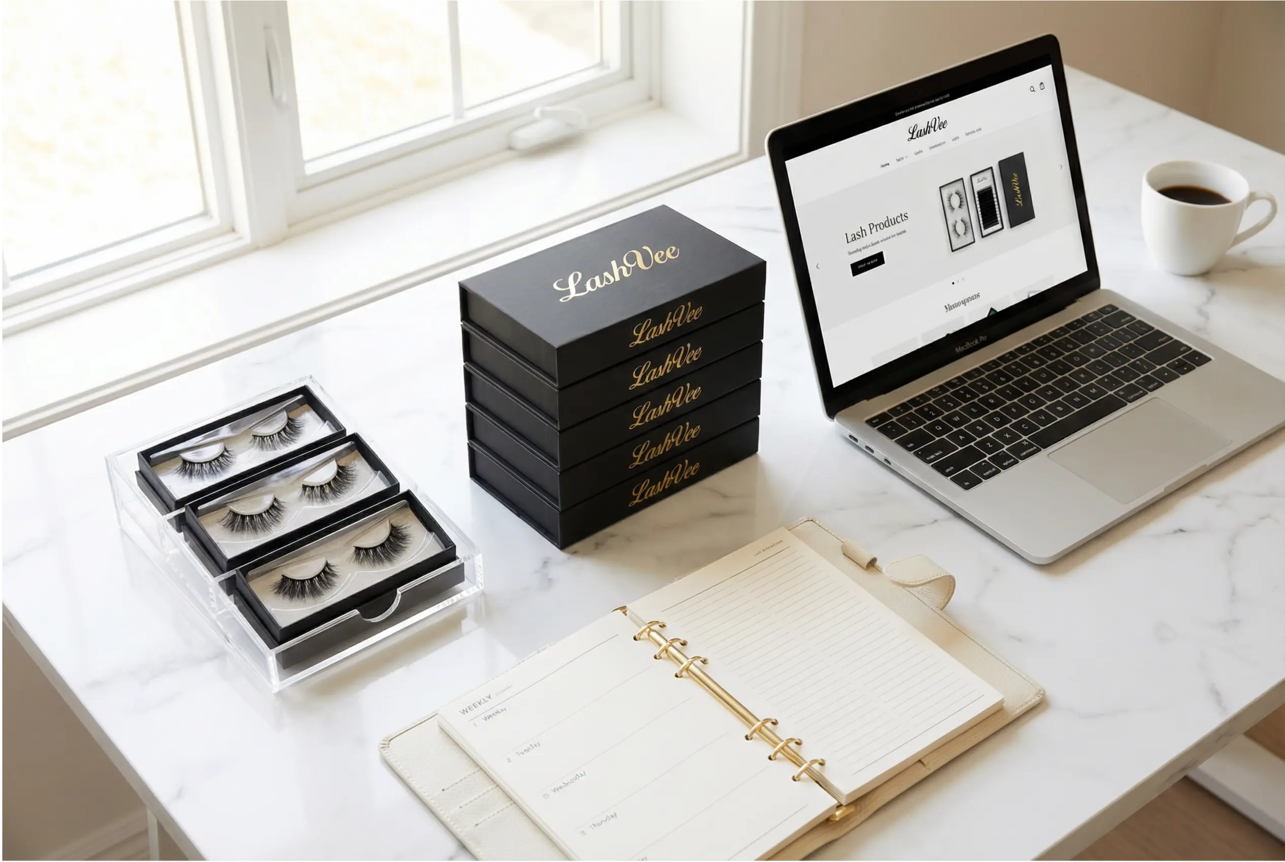 Close-up of luxury lash packaging with gold hot foil stamping and embossed pattern on matte black surface